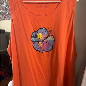 Life is Good Orange Tank Top with Floral Graphic